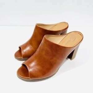 Seven 7 Cognac Brown Mexx Mules Heeled Open Toe Shoes